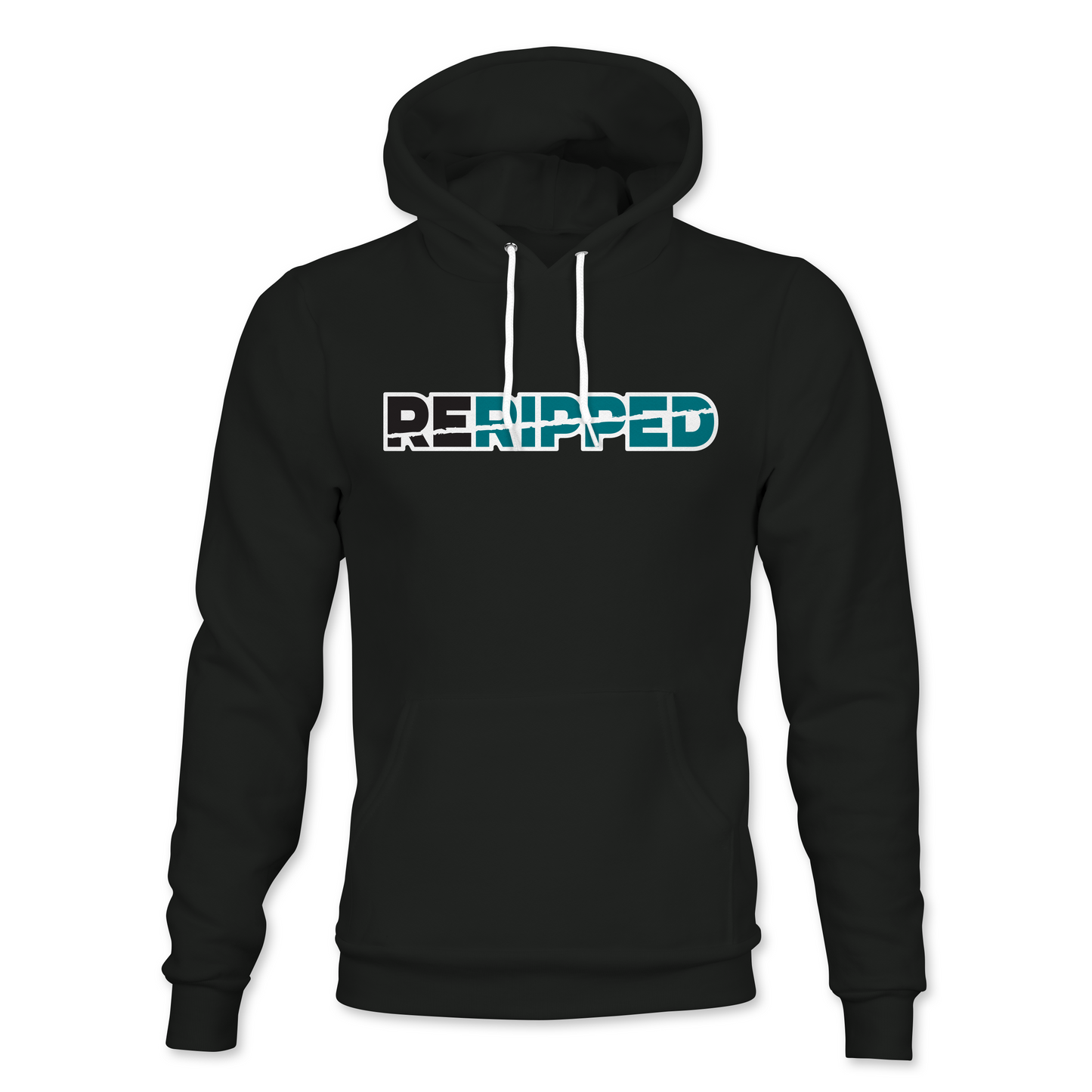 RERIPPED PULLOVER HOODIE-TEAL AND BLACK LOGO