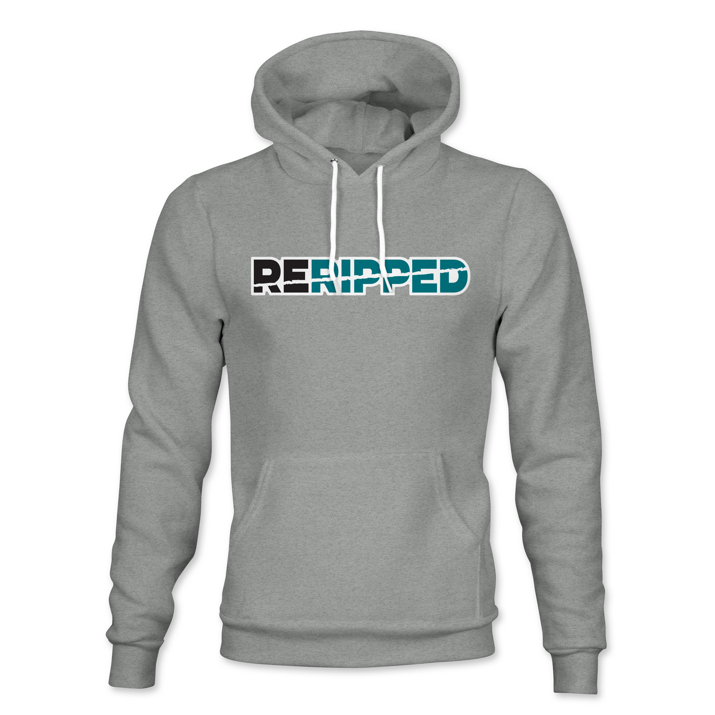 RERIPPED PULLOVER HOODIE-TEAL AND BLACK LOGO