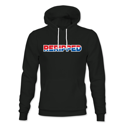 RERIPPED PULLOVER HOODIE-RED AND BLUE LOGO