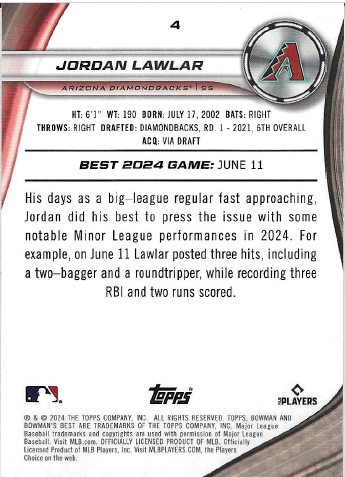 2024 Bowman's Best Jordan Lawlar #4 Gold 28/50