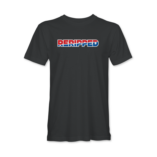 RERIPPED SHORT SLEEVE SHIRT-RED AND BLUE LOGO